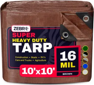 10' x 10' Brown Heavy Duty Tarp with Grommets Reinforced - 16 Mil Thick - Double Sided Plastic Tarps Waterproof - Large Tarpaulin Cover for Outdoor Camping Over/Under Tent Tarp RV Roof Rain - Zebro