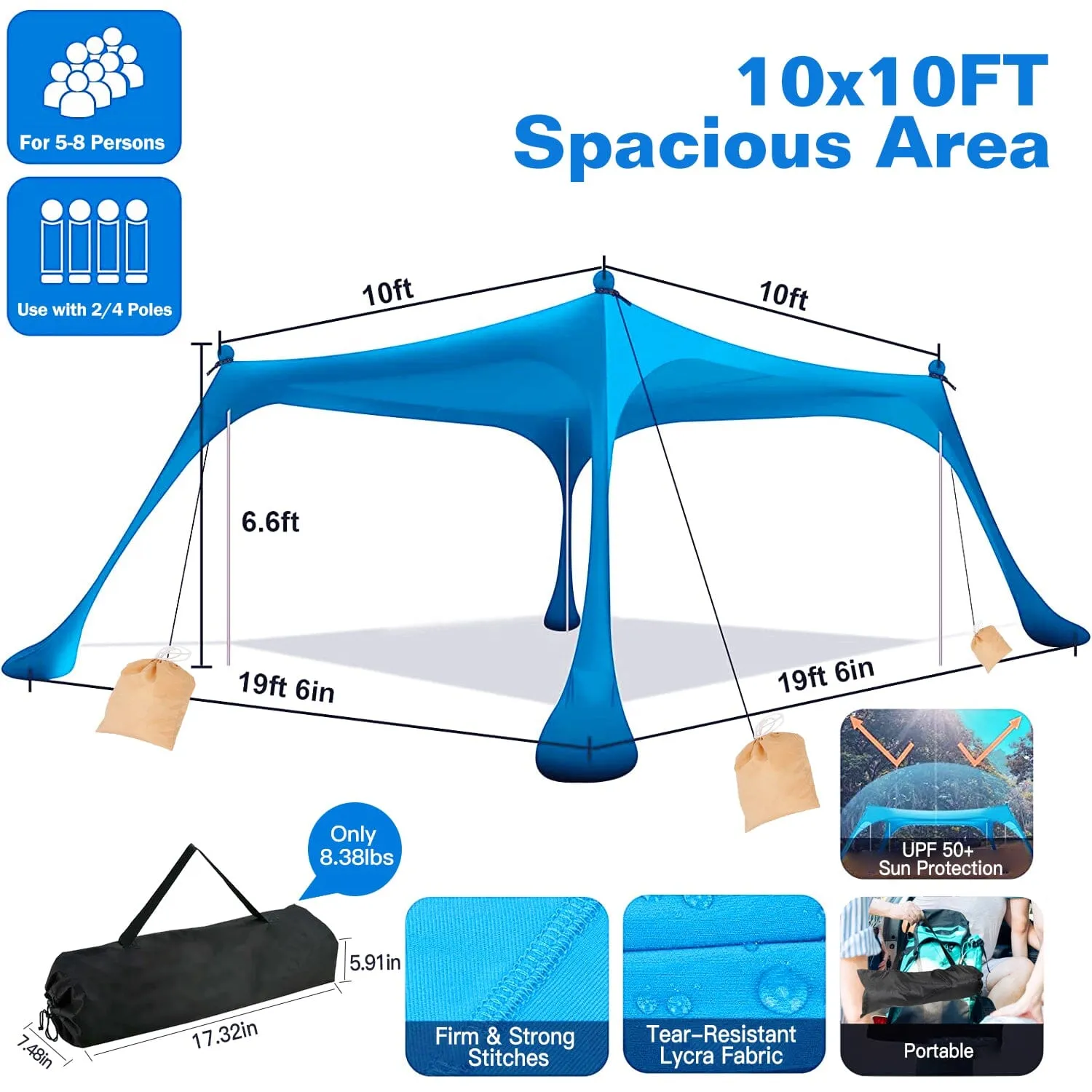 10 x 10 ft Sun Shelter Family Beach Tent Outdoor Shade UPF50  with Sandbag