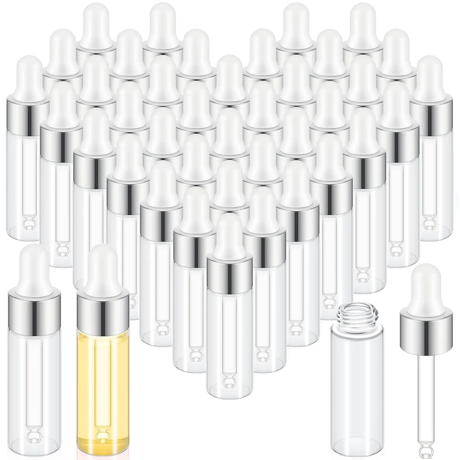 100 Pcs Mini Glass Oil Dropper Bottle Bulk, 5 ml Sliver Clear Essential Small Empty Bottles Sample Containers Perfume Liquid Vials with Cap for Traveling