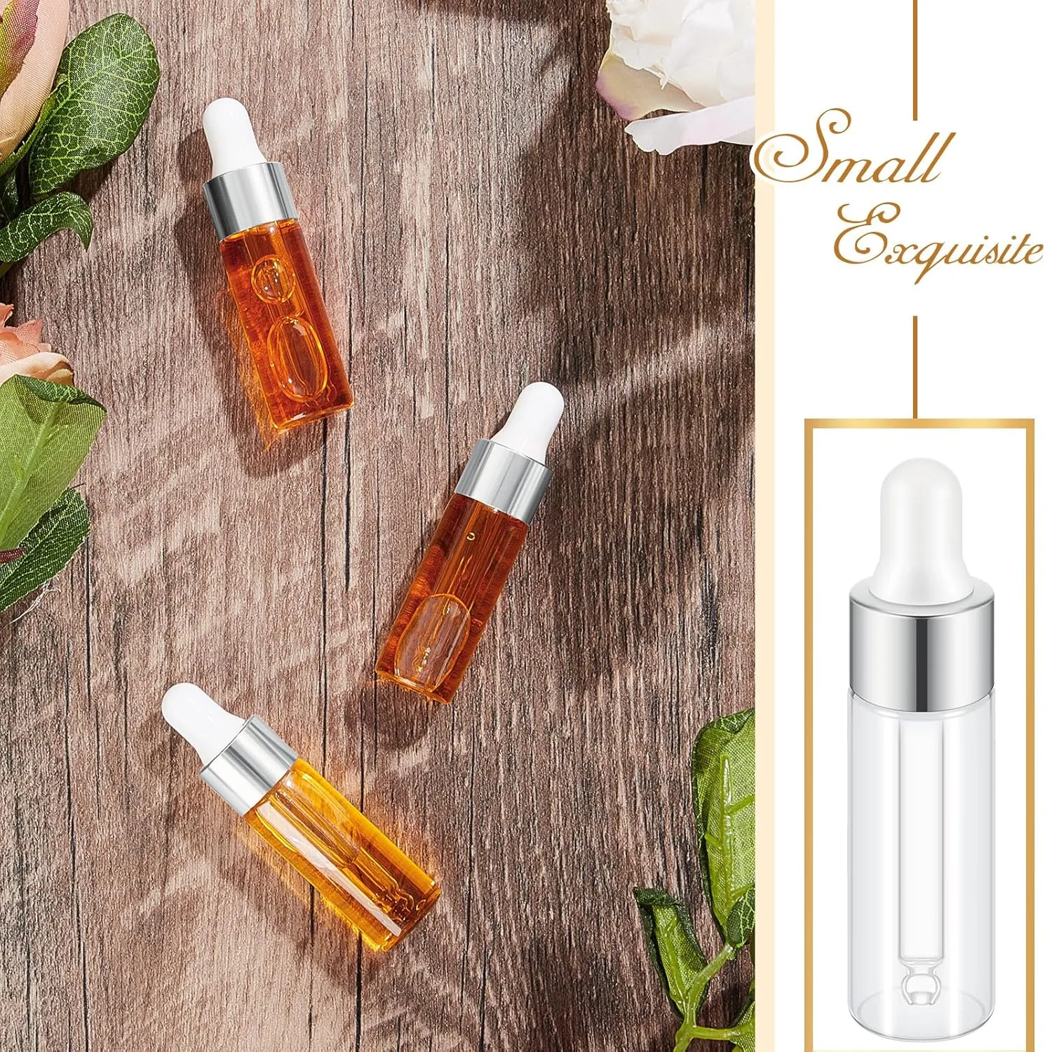 100 Pcs Mini Glass Oil Dropper Bottle Bulk, 5 ml Sliver Clear Essential Small Empty Bottles Sample Containers Perfume Liquid Vials with Cap for Traveling