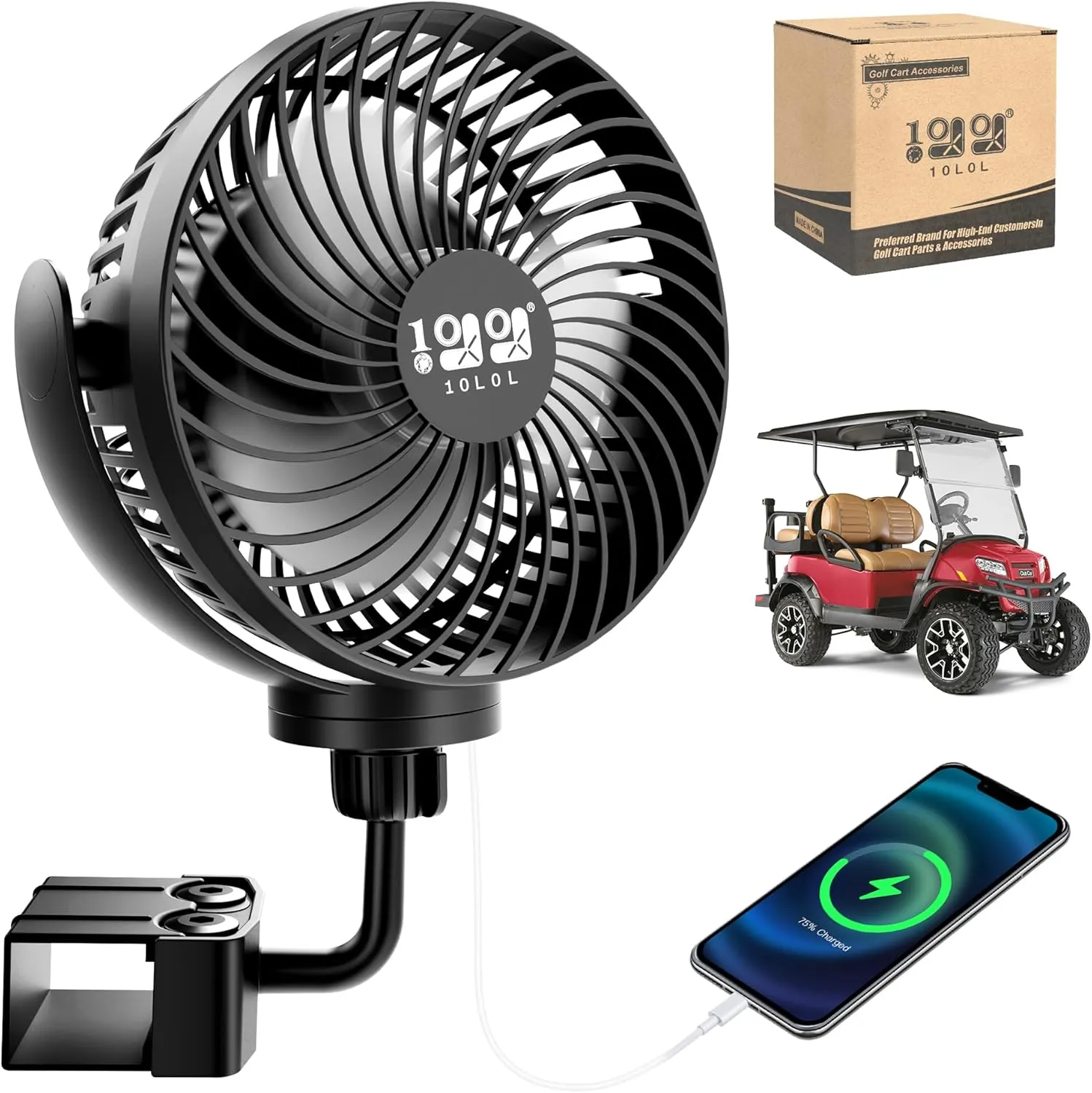 10L0L Rechargeable Portable Fan-8000mAh Battery Operated Fans Compatible with Yamaha/EZGO/Club Car/Tents/Prams/Wheelchairs/Golf Cart Push Cart with LED Light, 360° Rotatable, 3 Speed
