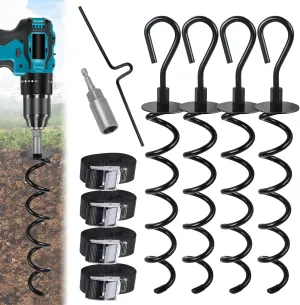 10Pcs 16'' Heavy Duty Trampoline Ground Anchors Pegs Tie Down Kit, Steel Spiral Ground Anchors with 4 Straps, Drill Bit Adapter and Puller Tool, Metal Swing Anchor for Garden Shed, Tent