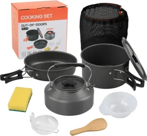 10Pcs Camping Cooking Set, Aluminium Alloy Non-Stick Camping Pots and Pans with Handle, Portable Stackable Camping Cookware with Mesh Bag for Outdoor Camping Hiking Picnic