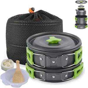 10pcs Camping Cookware Camping Pots and Pans Set with Kettle Plastic Bowls and Soup Spoon for Camping, Outdoor Cooking and Picnic, Backpacking (Green)