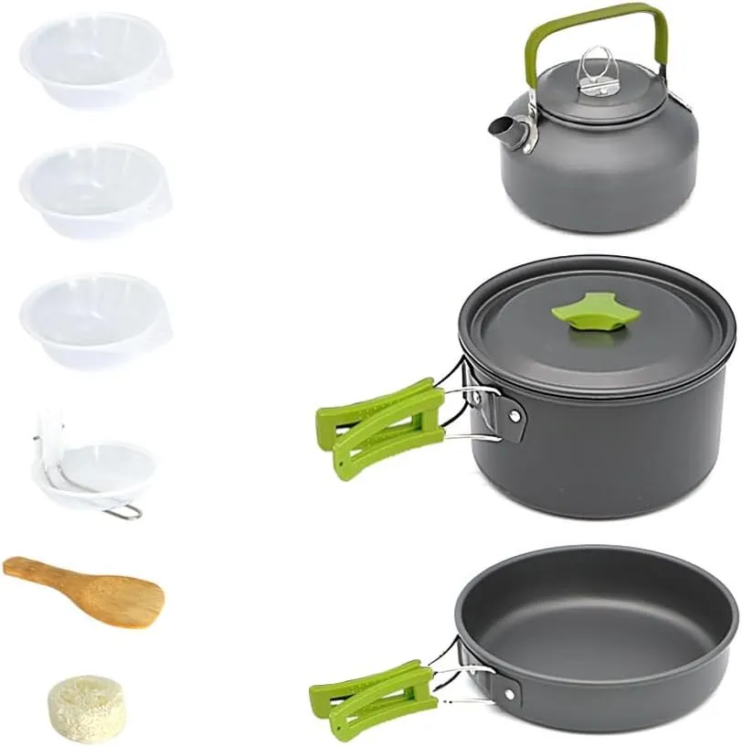 10pcs Camping Cookware Camping Pots and Pans Set with Kettle Plastic Bowls and Soup Spoon for Camping, Outdoor Cooking and Picnic, Backpacking (Green)