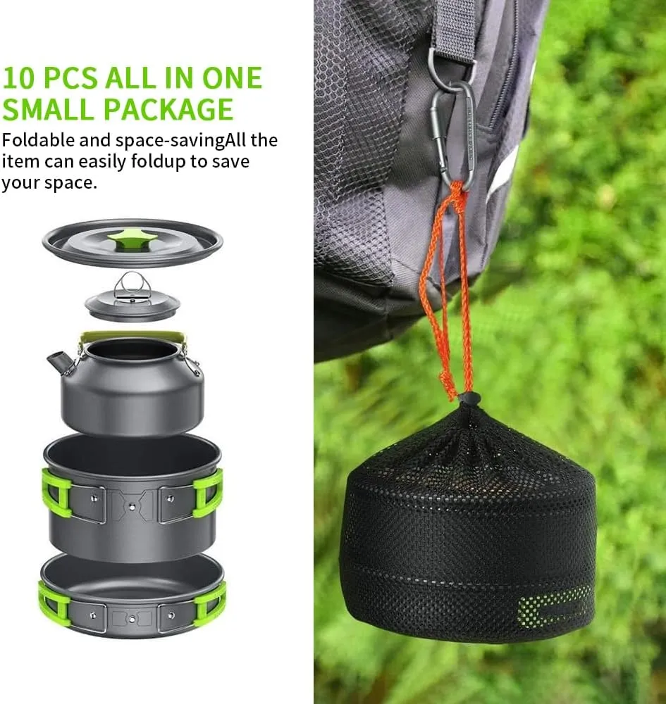 10pcs Camping Cookware Camping Pots and Pans Set with Kettle Plastic Bowls and Soup Spoon for Camping, Outdoor Cooking and Picnic, Backpacking (Green)