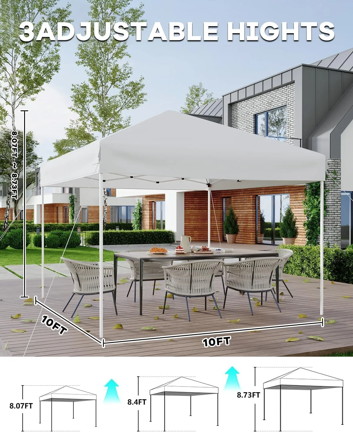 10x10 Pop Up Canopy Tent with 3 Sidewall - One-Button Instant Setup, Heavy-Duty 210D Oxford Fabric & Rust-Proof Frame - 3 Adjustable Heights, Roller Bag, 4 Sandbags - UV Protection for Beach, Party