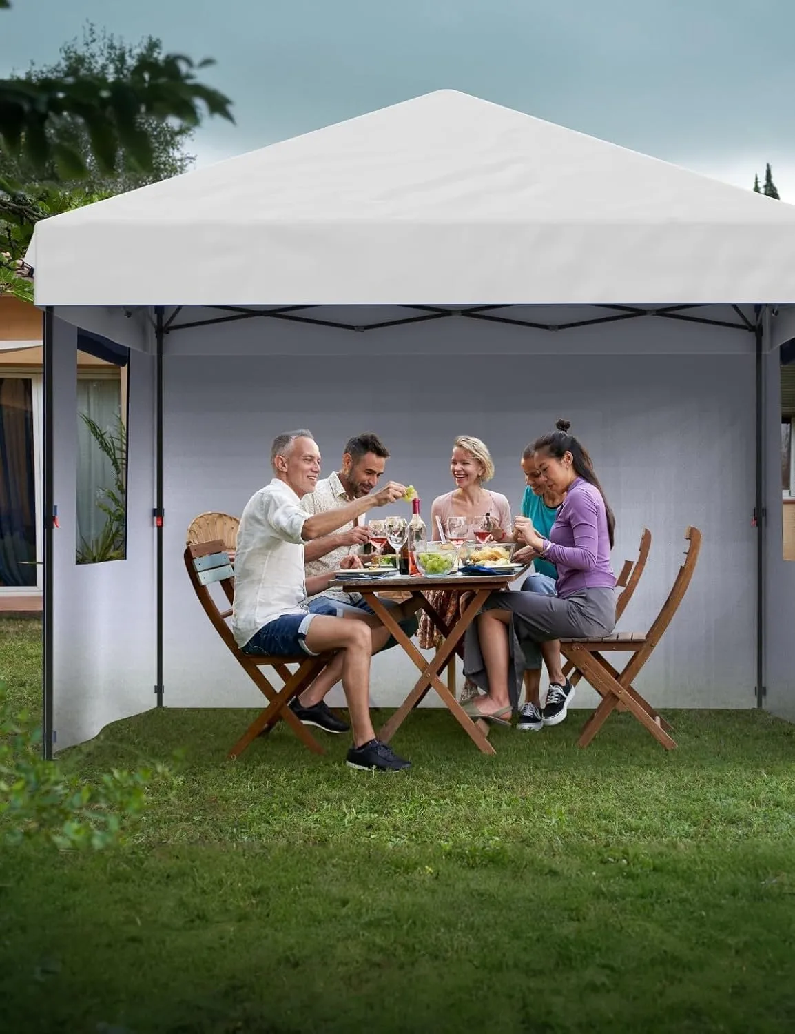 10x10 Pop Up Canopy Tent with 3 Sidewall - One-Button Instant Setup, Heavy-Duty 210D Oxford Fabric & Rust-Proof Frame - 3 Adjustable Heights, Roller Bag, 4 Sandbags - UV Protection for Beach, Party