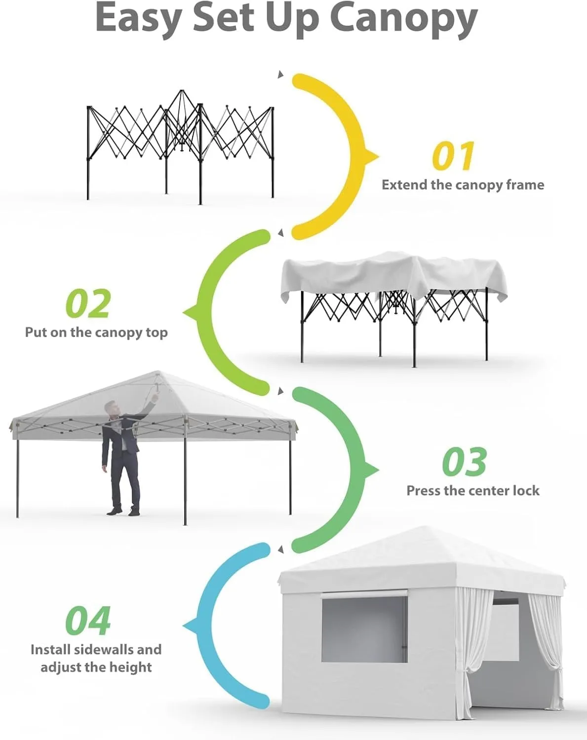 10x10 Pop Up Canopy Tent with 3 Sidewall - One-Button Instant Setup, Heavy-Duty 210D Oxford Fabric & Rust-Proof Frame - 3 Adjustable Heights, Roller Bag, 4 Sandbags - UV Protection for Beach, Party