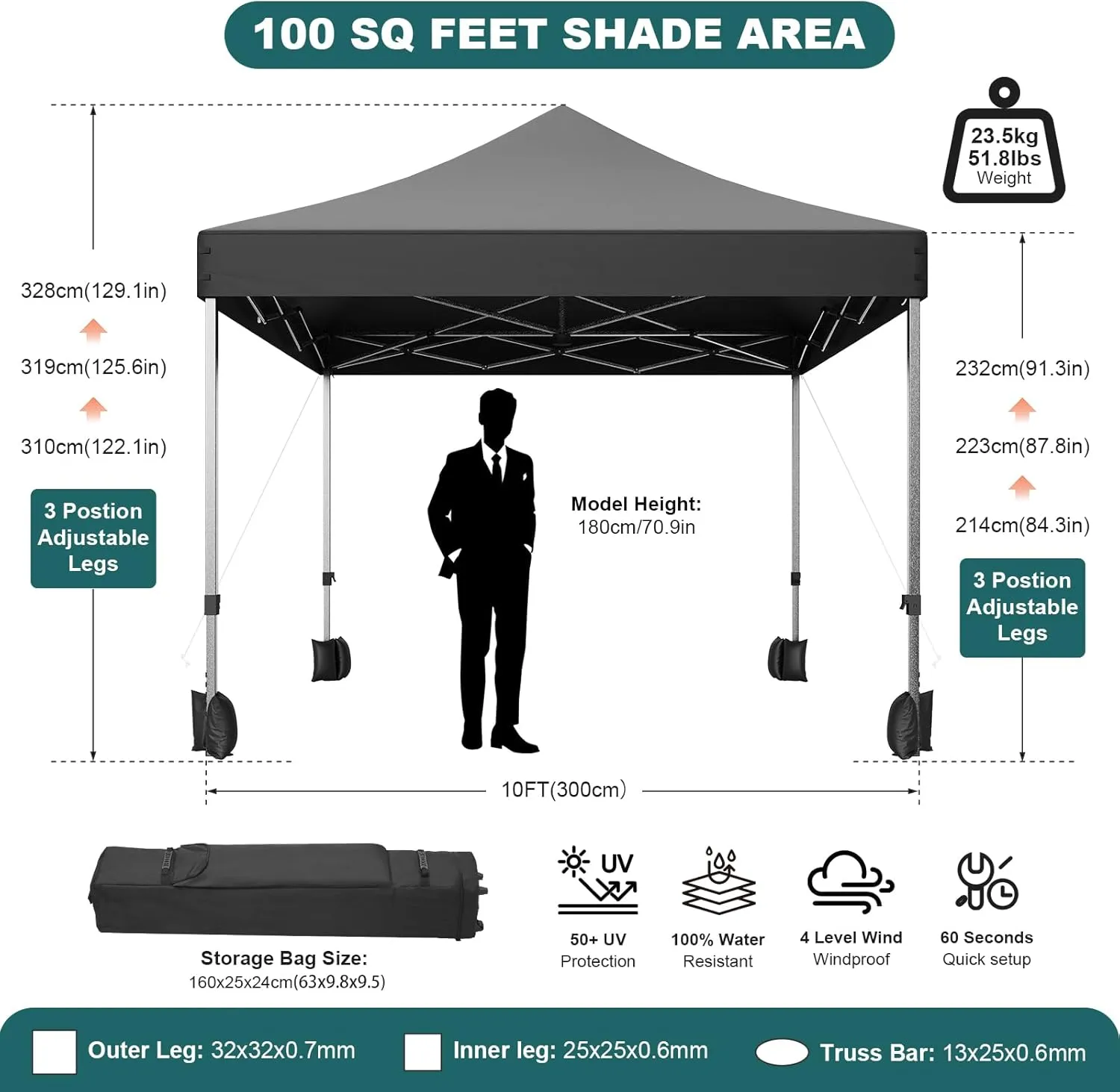 10x10 Pop Up Canopy Tent with Vent, Easy Set Up Tent, Instant Sun Shelter Canopy with Wheeled Bag, 4 Sandbags, 12 Stakes & 4 Ropes, for Parties, Beach, Outdoor