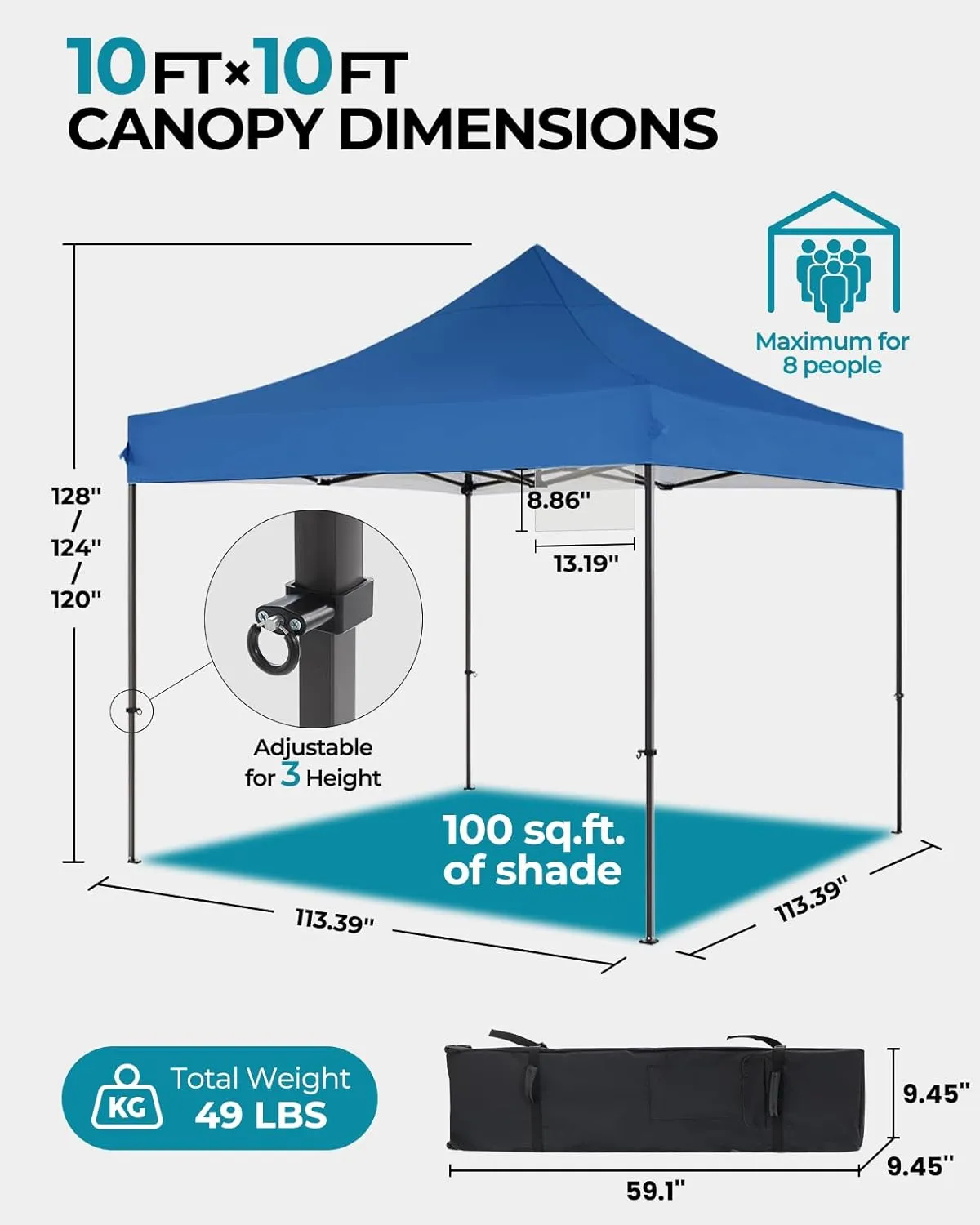 10x10 Pop Up Canopy with Wheeled Bag, Commercial Portable Canopy Tent, Easy Set Up, 4 Stakes & 4Sandbags & 4 Ropes, Waterproof Outdoor Shelter for Market, Parties, Blue