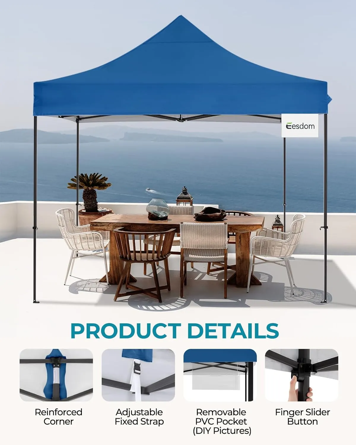 10x10 Pop Up Canopy with Wheeled Bag, Commercial Portable Canopy Tent, Easy Set Up, 4 Stakes & 4Sandbags & 4 Ropes, Waterproof Outdoor Shelter for Market, Parties, Blue