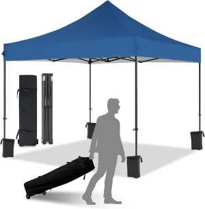 10x10 Pop Up Canopy with Wheeled Bag, Commercial Portable Canopy Tent, Easy Set Up, 4 Stakes & 4Sandbags & 4 Ropes, Waterproof Outdoor Shelter for Market, Parties, Blue