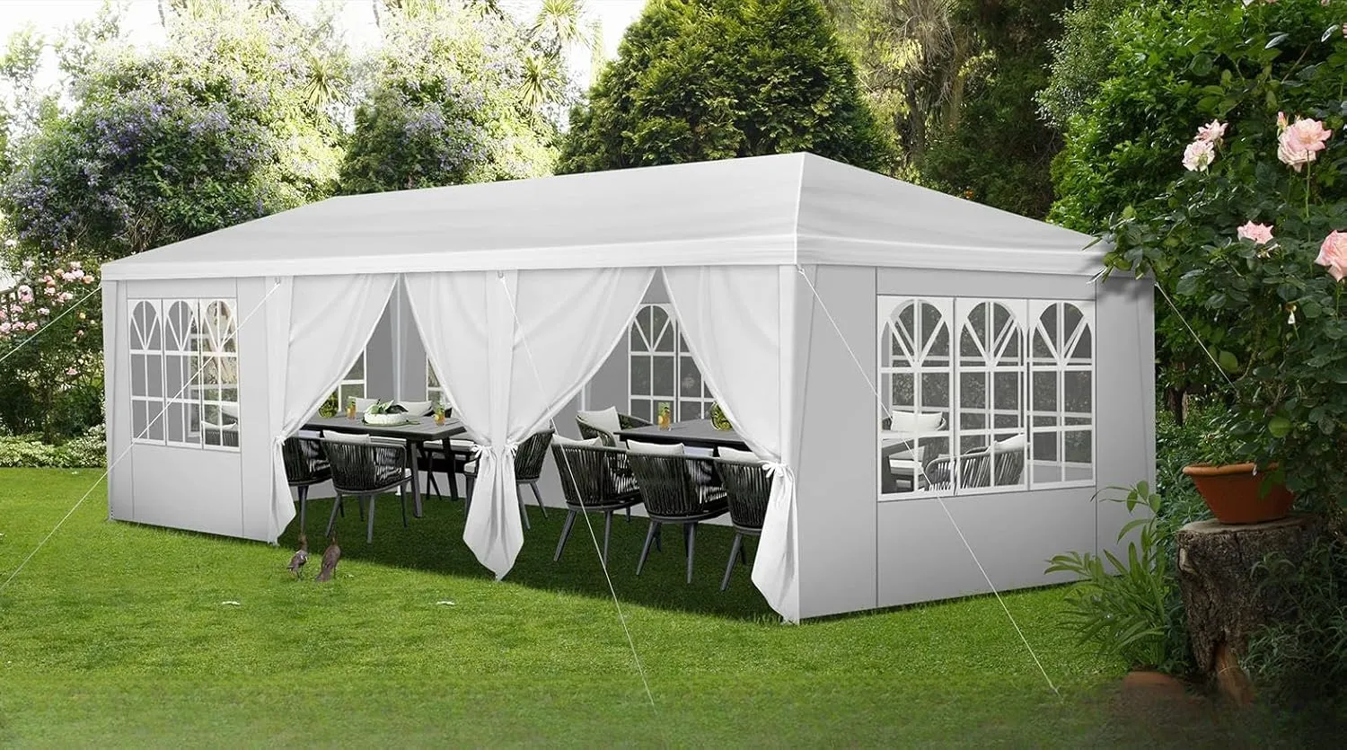 10x30 FT Outdoor Canopy Party Tent with 8 Removable Sidewalls, Large Waterproof Wedding Tents w/Ground Nails & Windproof Ropes, Outside Gazebo Pavilion Event Shelter for Garden Patio, White