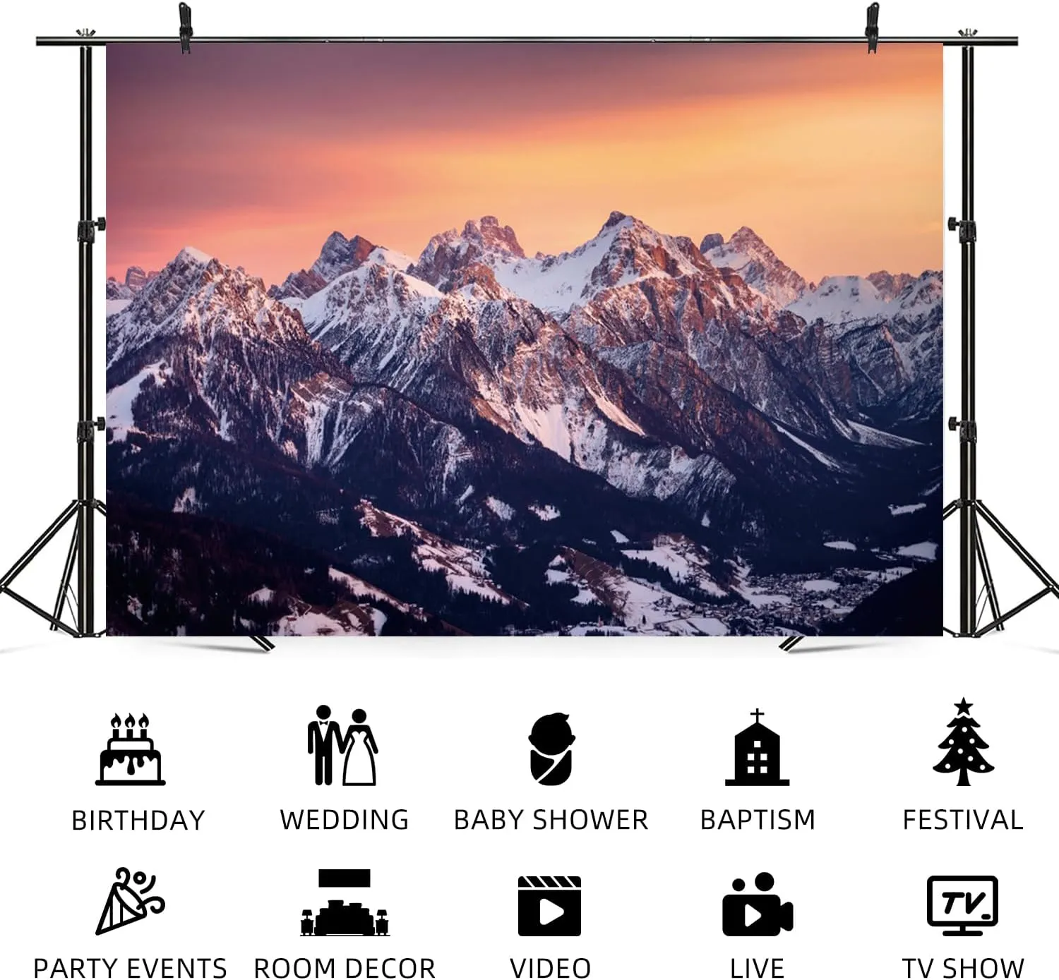 10x8ft Mountains Backdrop Snow Mountain Natural Scenery Photography Background Sunset Sky Red Cloud Outdoor Hiking Camping Decorations Travel Holiday Vacation Adult Portrait Photo Booth Prop