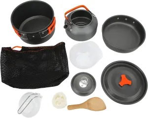 11 Piece Camping Cooking Set, Portable Multilayer Aluminum Alloy Cookware with Anti Scalding Handles, Includes Teakettle, Frying Pan, Ideal for 2 3 People