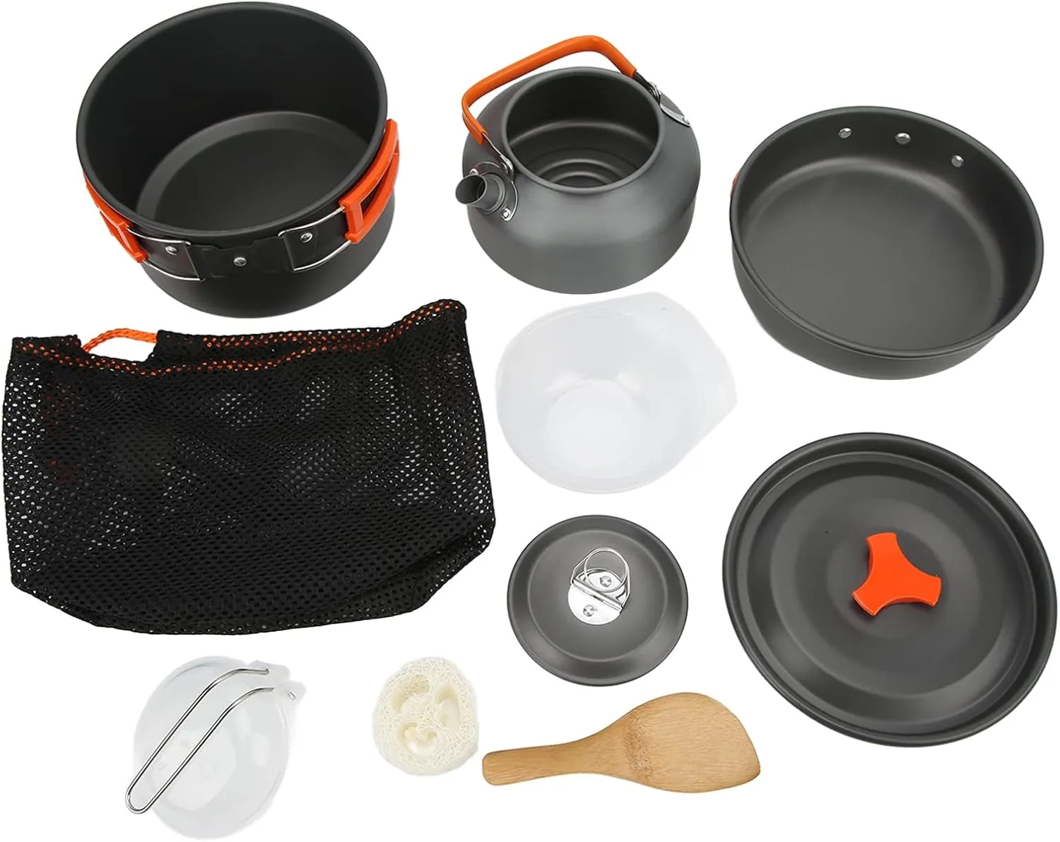 11 Piece Camping Cooking Set, Portable Multilayer Aluminum Alloy Cookware with Anti Scalding Handles, Includes Teakettle, Frying Pan, Ideal for 2 3 People