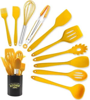 11 Piece Cooking Kitchen Utensils Set, Yellow Cooking Utensils Set, Non-Stick Silicone Spatula Set with Iron Utensils Holder, Silicone Kitchen Gadgets Utensil Set (Yellow)