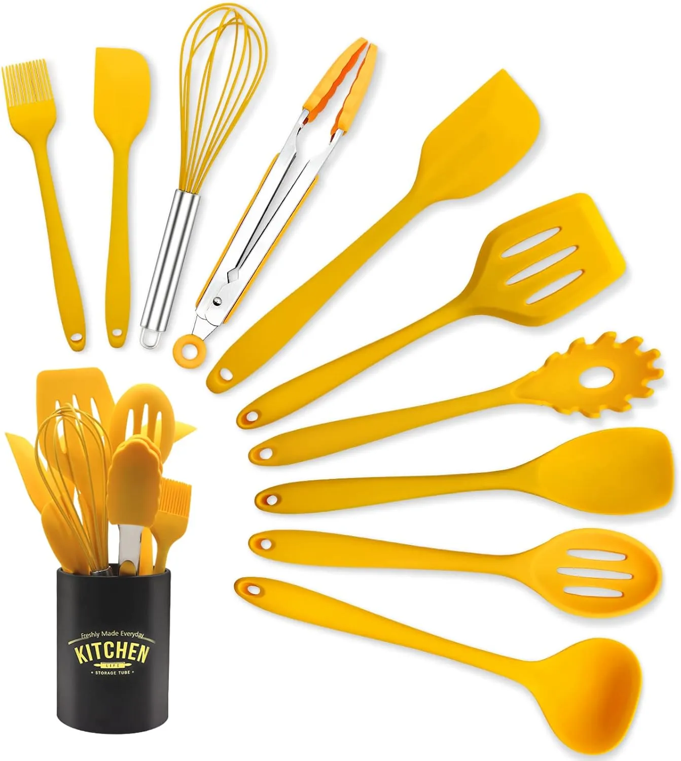 11 Piece Cooking Kitchen Utensils Set, Yellow Cooking Utensils Set, Non-Stick Silicone Spatula Set with Iron Utensils Holder, Silicone Kitchen Gadgets Utensil Set (Yellow)