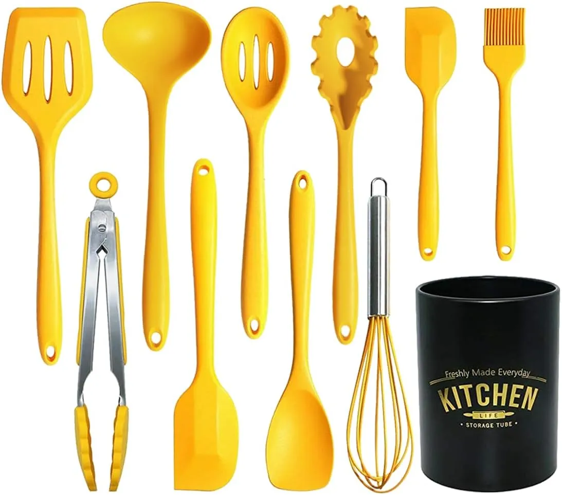 11Pcs Silicone Cooking Utensils Set - Heat Resistant Kitchen Tools, Spatula, Turner, Tongs, Spoon, Whisk, BPA Free, Dishwasher Safe, Nonstick Cookware Utensils (Yellow)