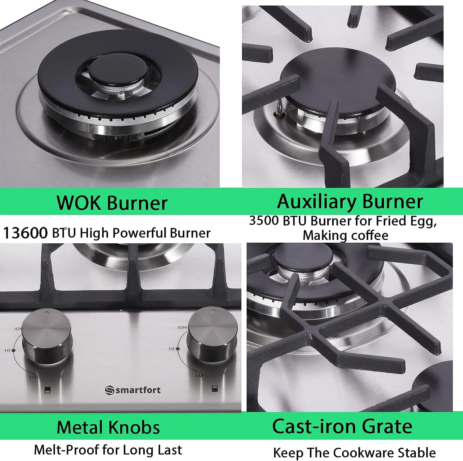12 in. 2 Burners Recessed Gas Cooktop in Stainless Steel with 2 Power Burners