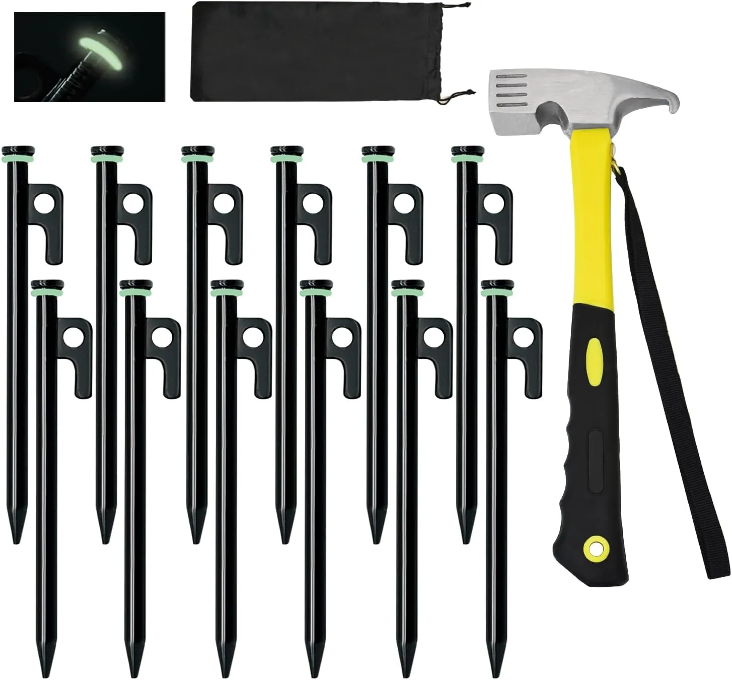 12 Pack Tent Stake with Hammer, 8in Heavy Duty Tent Stakes   10in Camping Hammer Storage Pouch, Forged Steel Stakes for Camping Used on Rocks