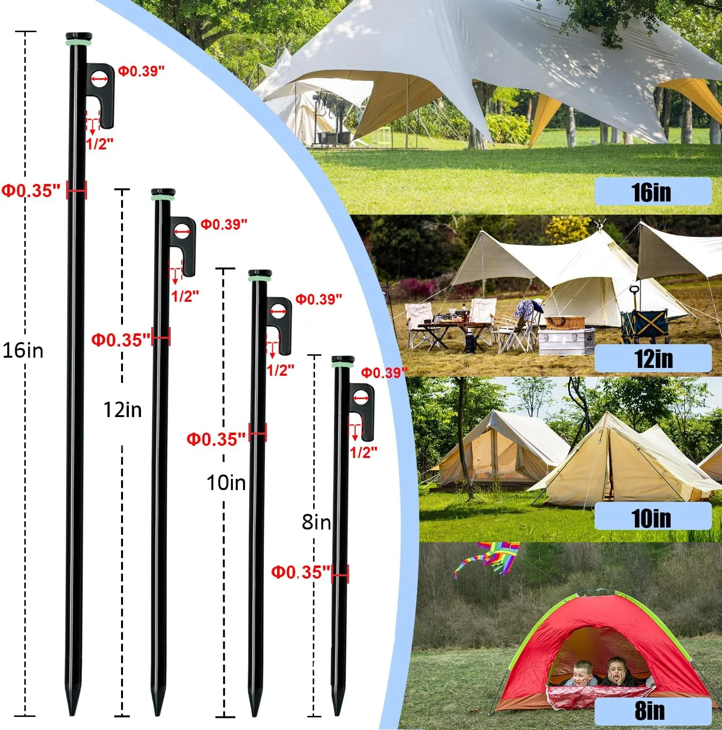 12 Pack Tent Stake with Hammer, 8in Heavy Duty Tent Stakes   10in Camping Hammer Storage Pouch, Forged Steel Stakes for Camping Used on Rocks