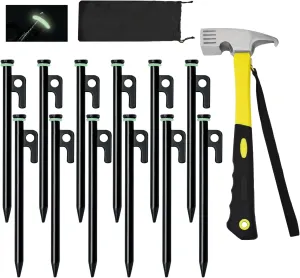 12 Pack Tent Stake with Hammer, 8in Heavy Duty Tent Stakes   10in Camping Hammer Storage Pouch, Forged Steel Stakes for Camping Used on Rocks