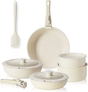 12 Pcs Pots and Pans Set Nonstick - Kitchen Cookware Set with Detachable Handle, Induction Cookware, Dishwasher Oven Safe, Beige