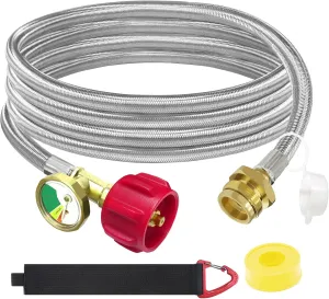 12Ft Stainless Braided Propane Adapter Hose with Gauge, Propane Tank Hose Adapter 1lb to 20lb Converter for QCC1/Type1 Coleman Camp Stove, Buddy Heater, Tabletop Grill&More 1lb Portable Applianc