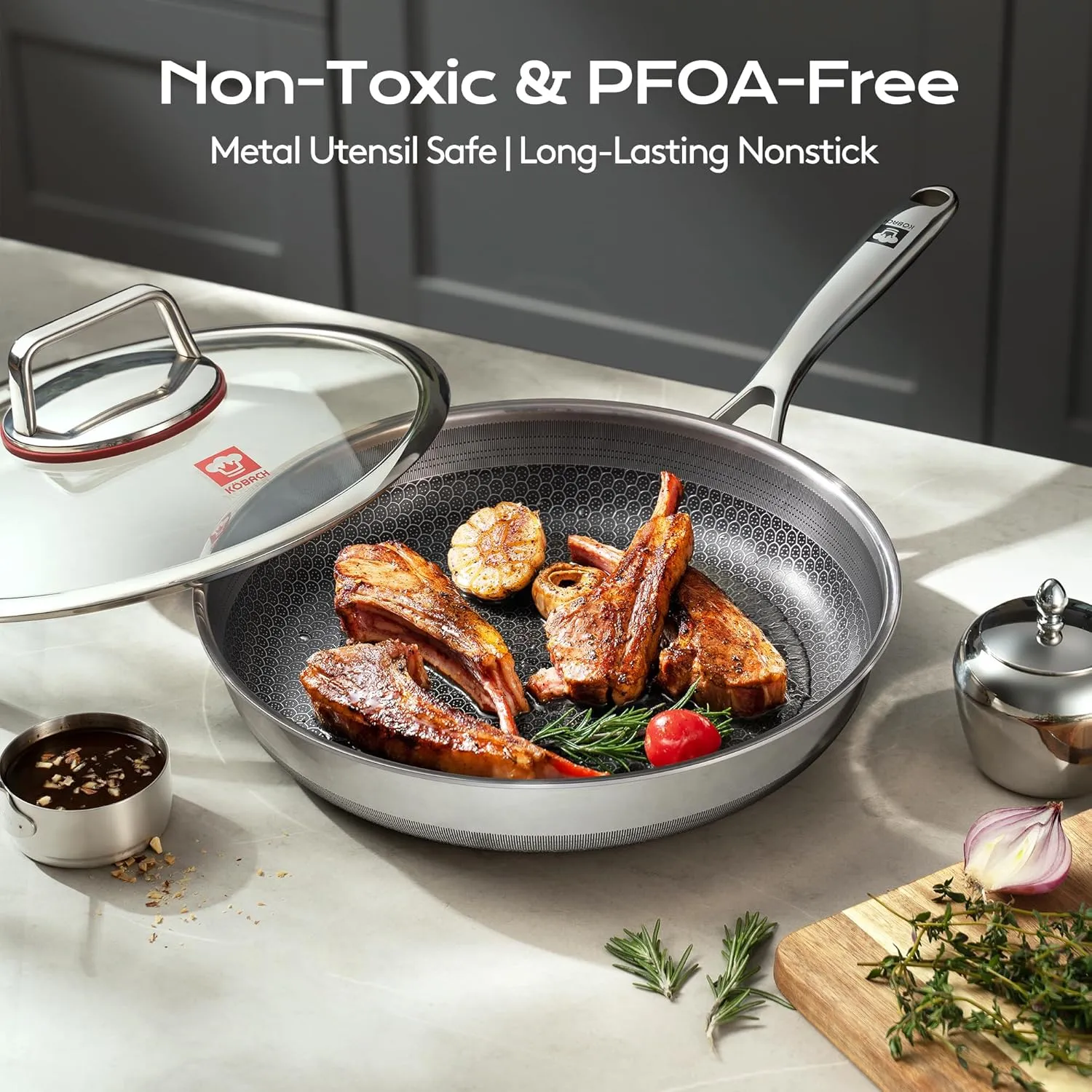 12in Lid Nonstick Frying Pan - Stainless Steel Skillet, Dishwasher & Oven Safe, Compatible with Induction & Gas Stoves, Non-Toxic & Easy to Clean
