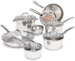 13-Piece, Model T-fal and Set, Hot item Cookware Pans C836SD Steel Pots Discounted Stainless Silver, Copper-Bottom, with
