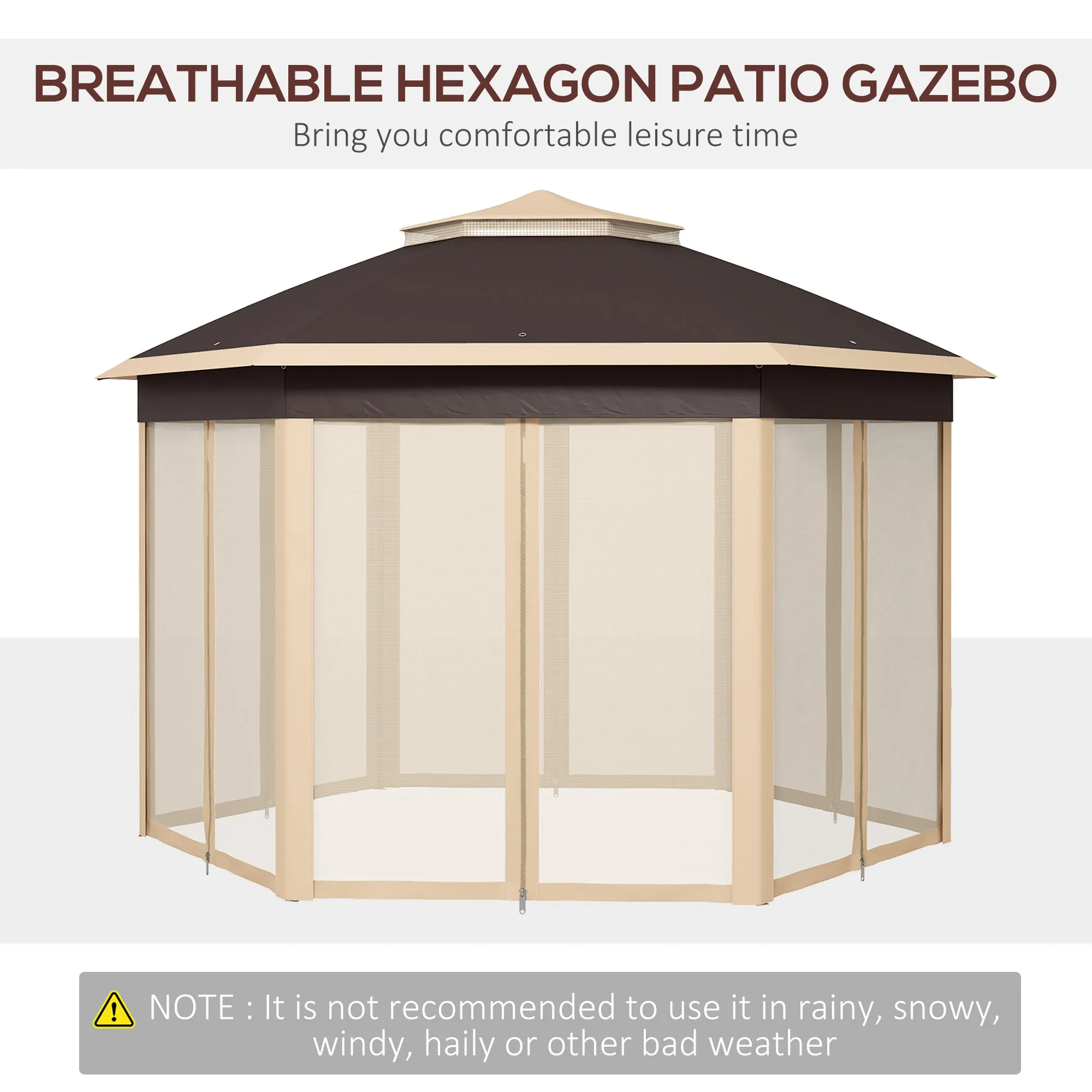 13' x 13' Hexagonal Pop-Up Gazebo Shelter with 6 Zippered Mesh Netting, Beige