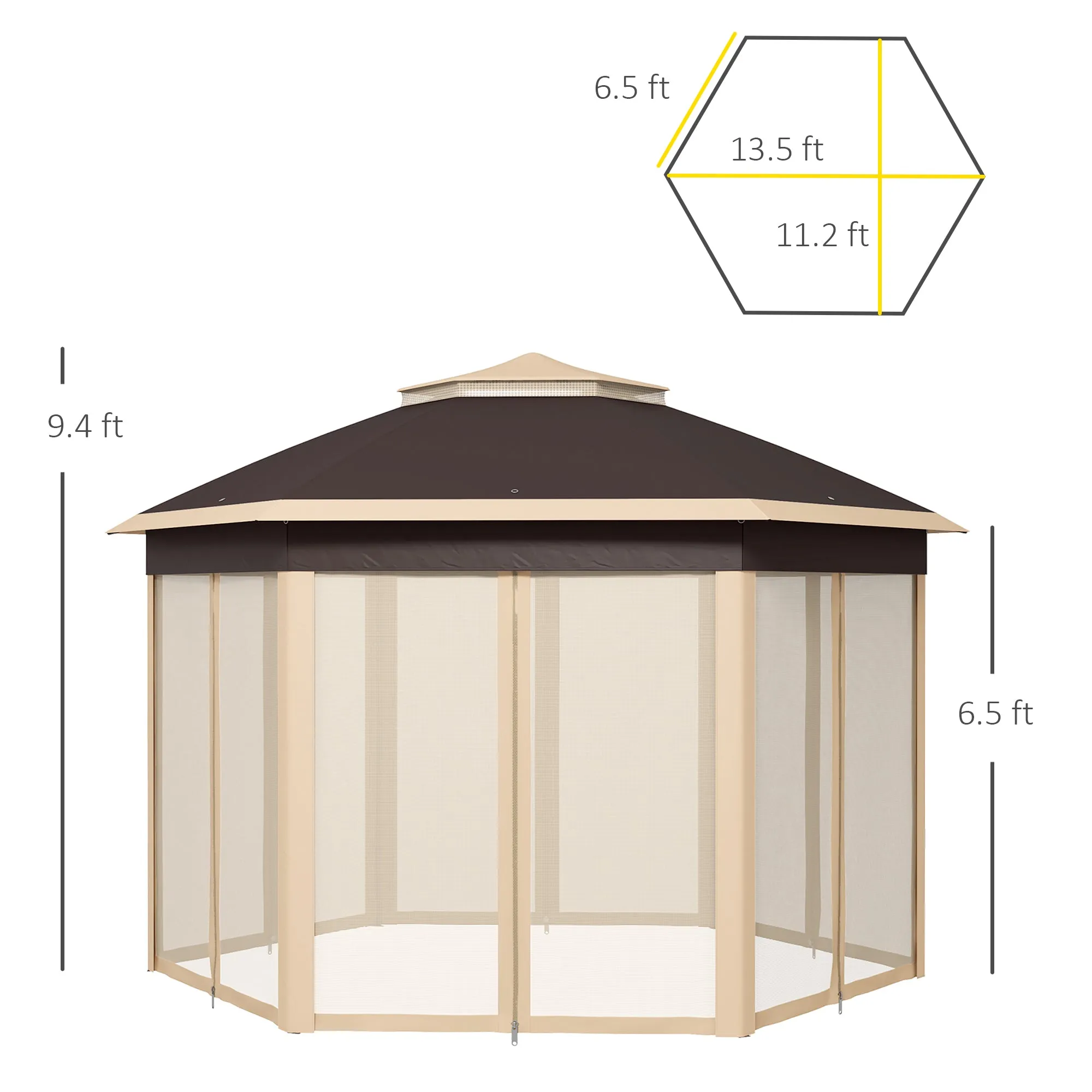 13' x 13' Hexagonal Pop-Up Gazebo Shelter with 6 Zippered Mesh Netting, Beige