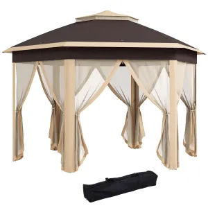13' x 13' Hexagonal Pop-Up Gazebo Shelter with 6 Zippered Mesh Netting, Beige