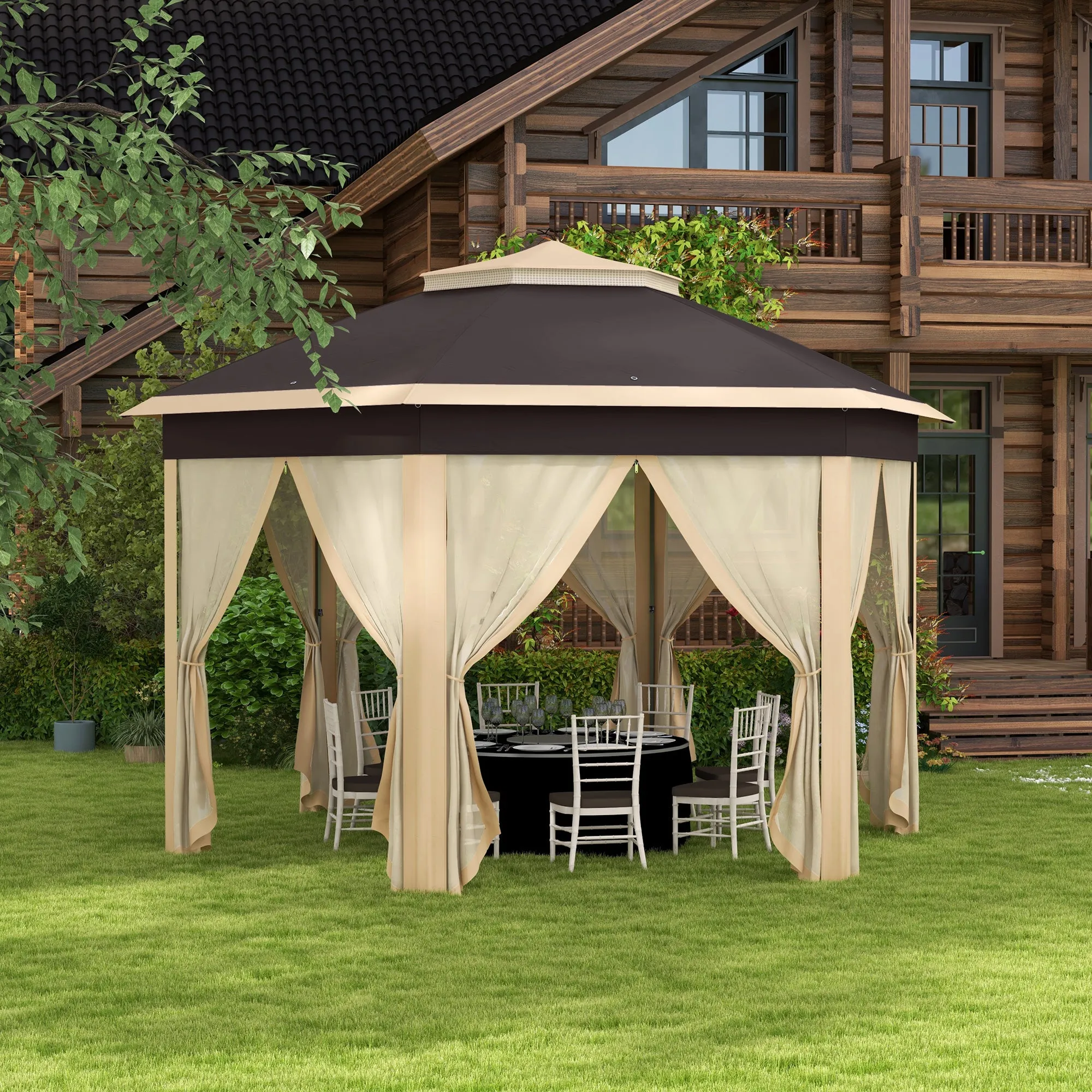 13' x 13' Hexagonal Pop-Up Gazebo Shelter with 6 Zippered Mesh Netting, Beige