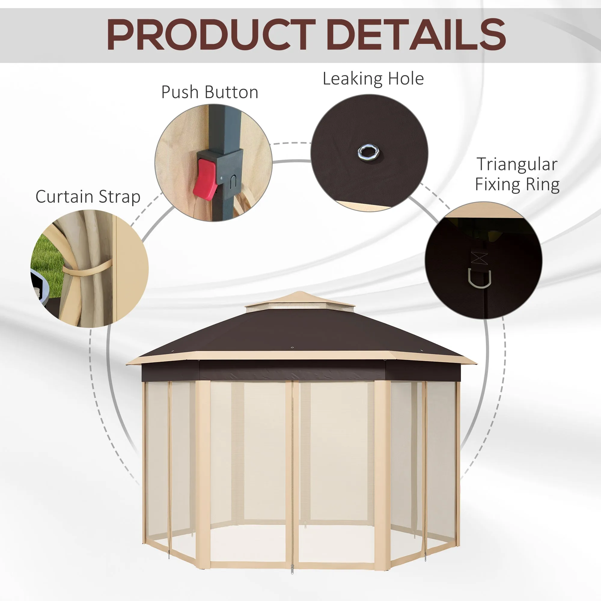 13' x 13' Hexagonal Pop-Up Gazebo Shelter with 6 Zippered Mesh Netting, Beige