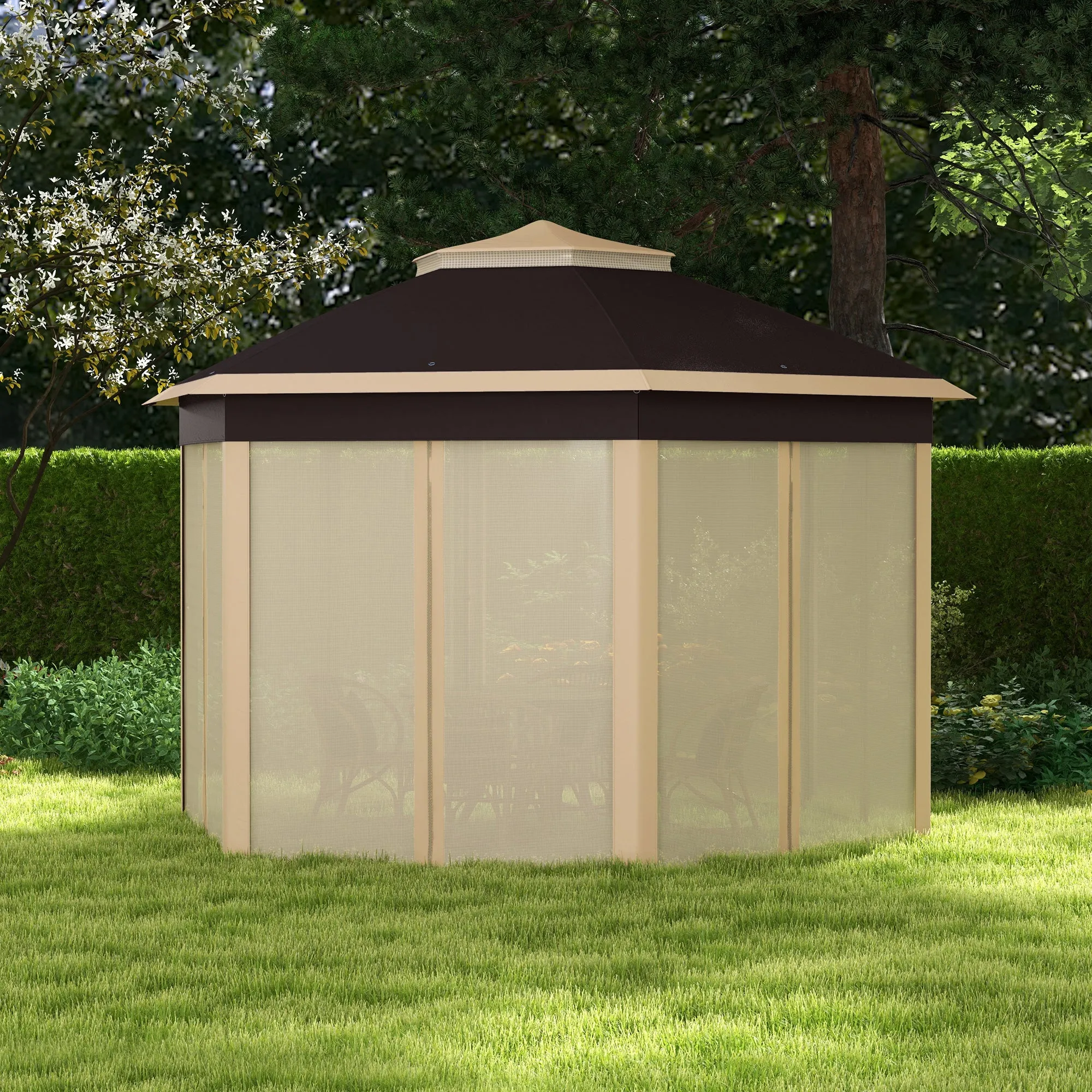 13' x 13' Hexagonal Pop-Up Gazebo Shelter with 6 Zippered Mesh Netting, Beige