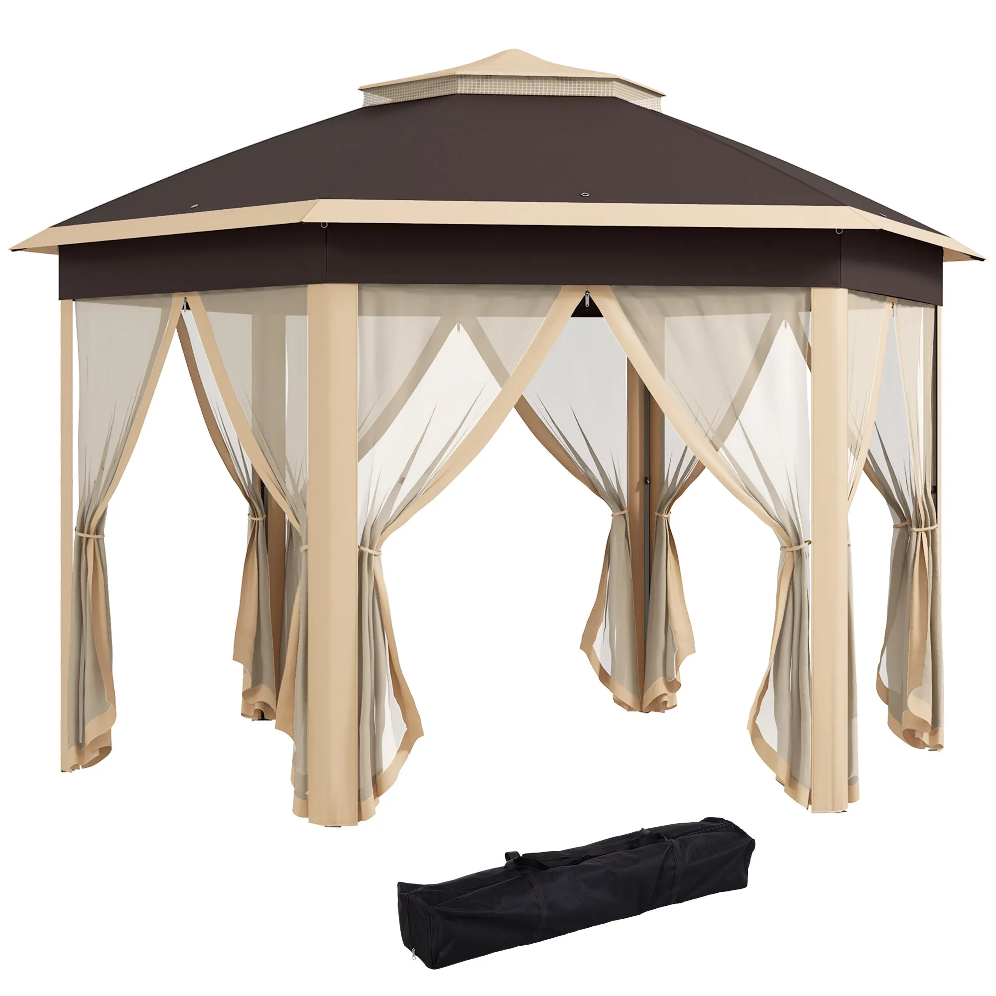 13' x 13' Hexagonal Pop-Up Gazebo Shelter with 6 Zippered Mesh Netting, Beige