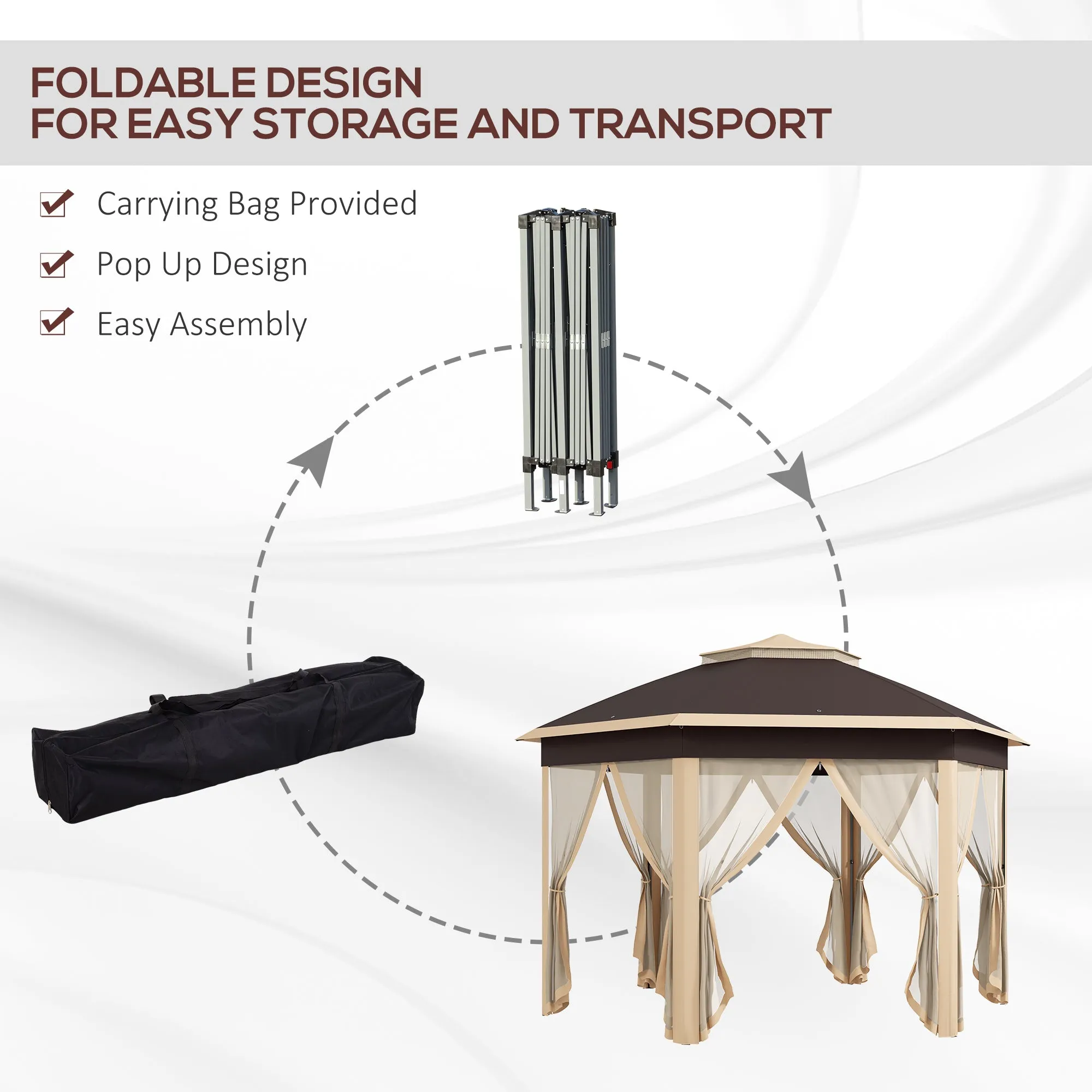 13' x 13' Hexagonal Pop-Up Gazebo Shelter with 6 Zippered Mesh Netting, Beige
