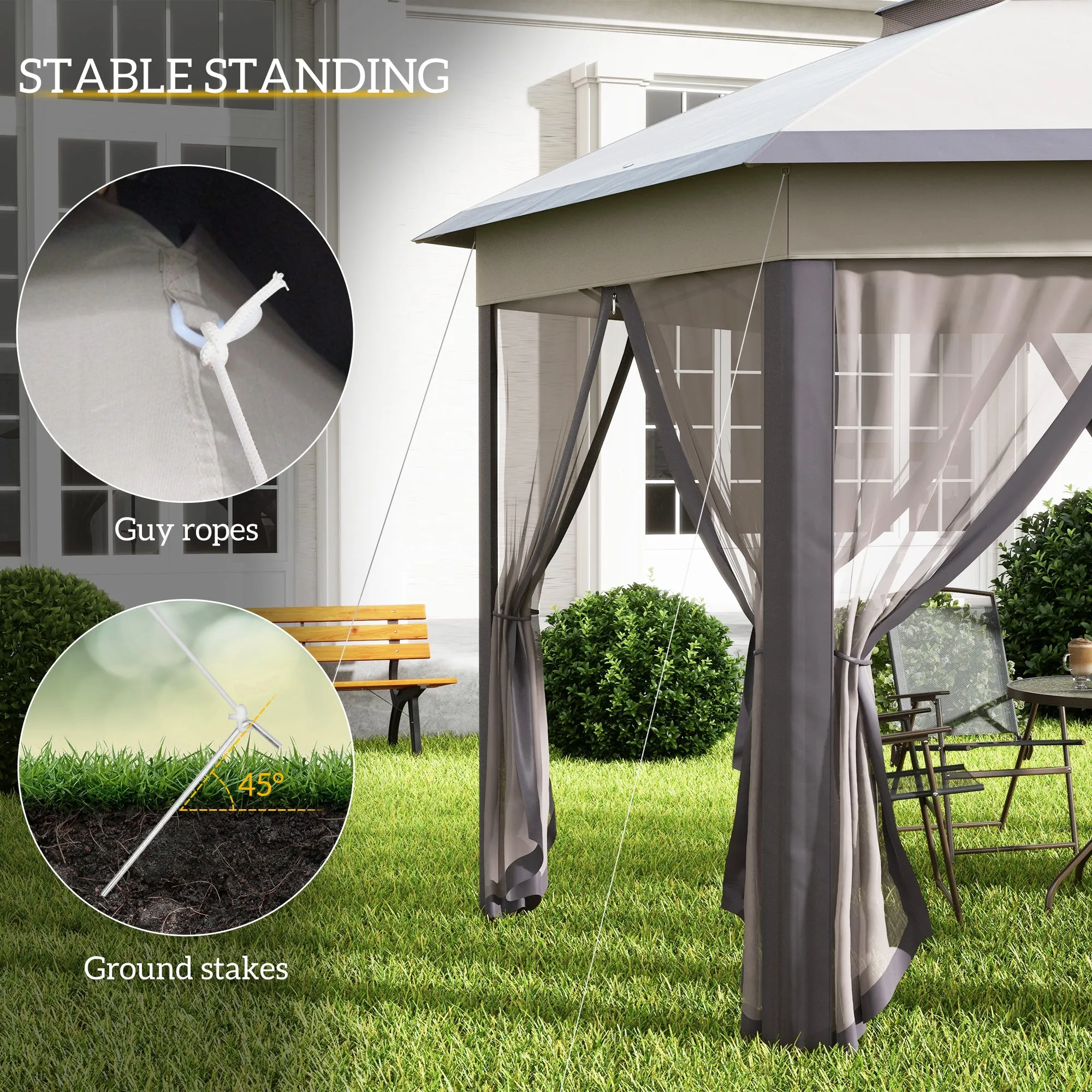 13' x 13' Hexagonal Pop-Up Gazebo Shelter with 6 Zippered Mesh Netting, Coffee and Beige