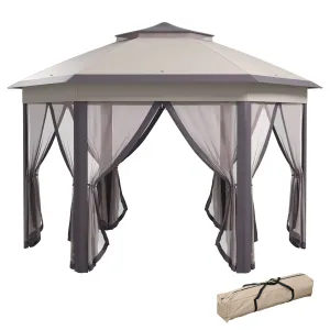 13' x 13' Hexagonal Pop-Up Gazebo Shelter with 6 Zippered Mesh Netting, Coffee and Beige