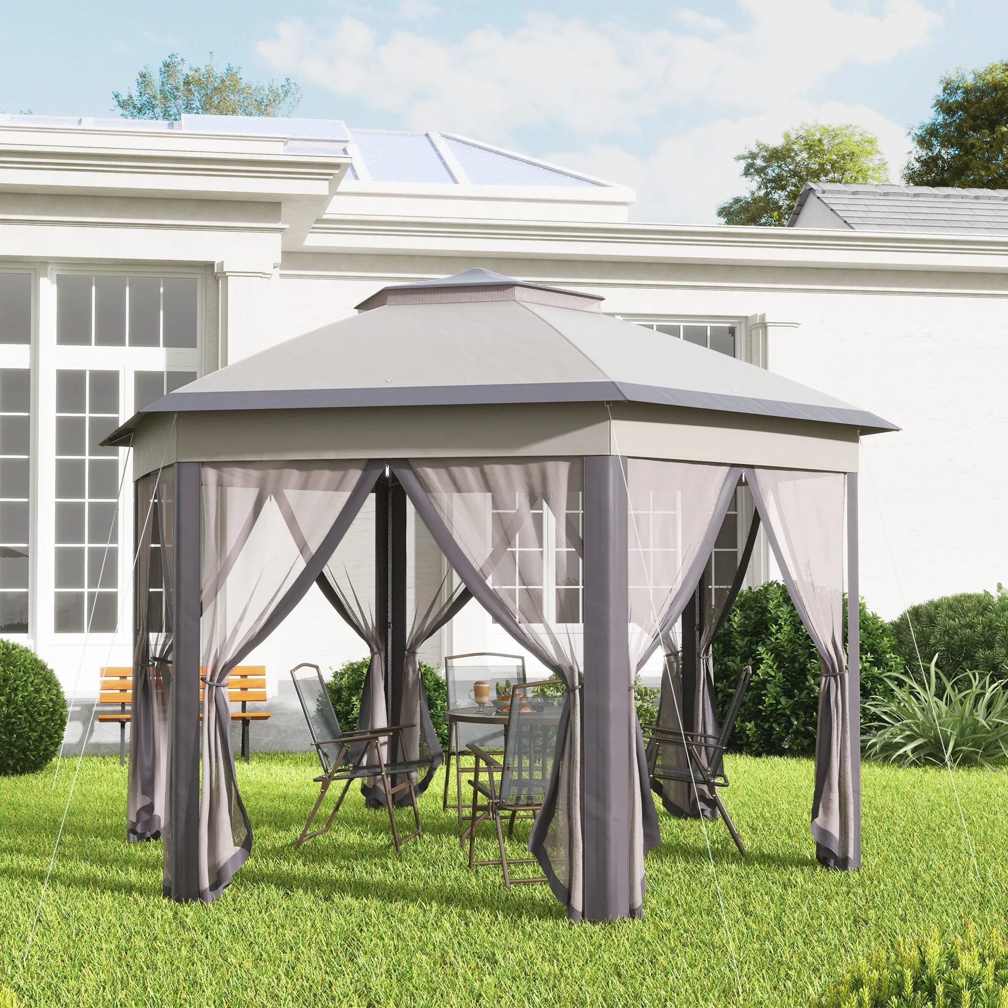 13' x 13' Hexagonal Pop-Up Gazebo Shelter with 6 Zippered Mesh Netting, Coffee and Beige