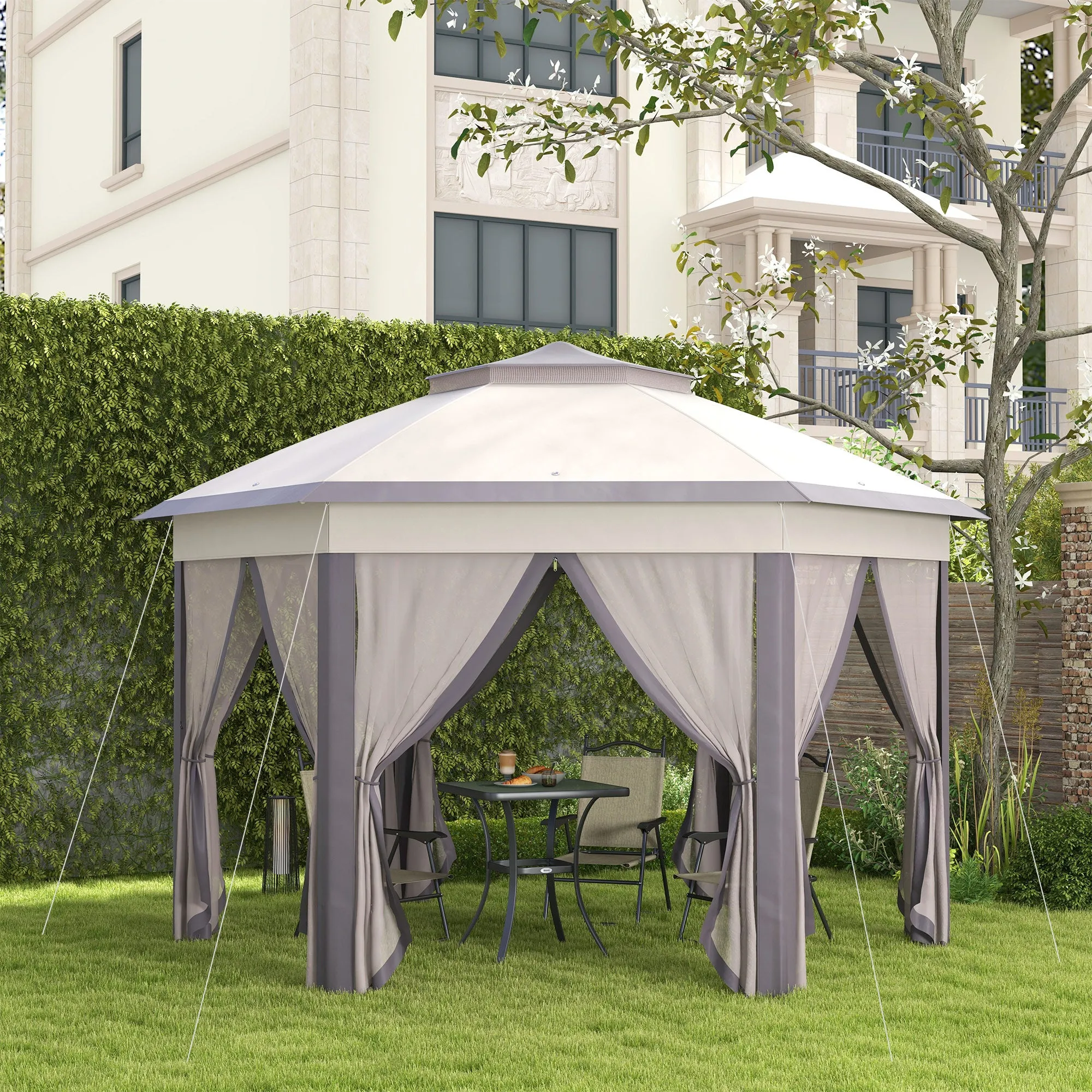 13' x 13' Hexagonal Pop-Up Gazebo Shelter with 6 Zippered Mesh Netting, Coffee and Beige
