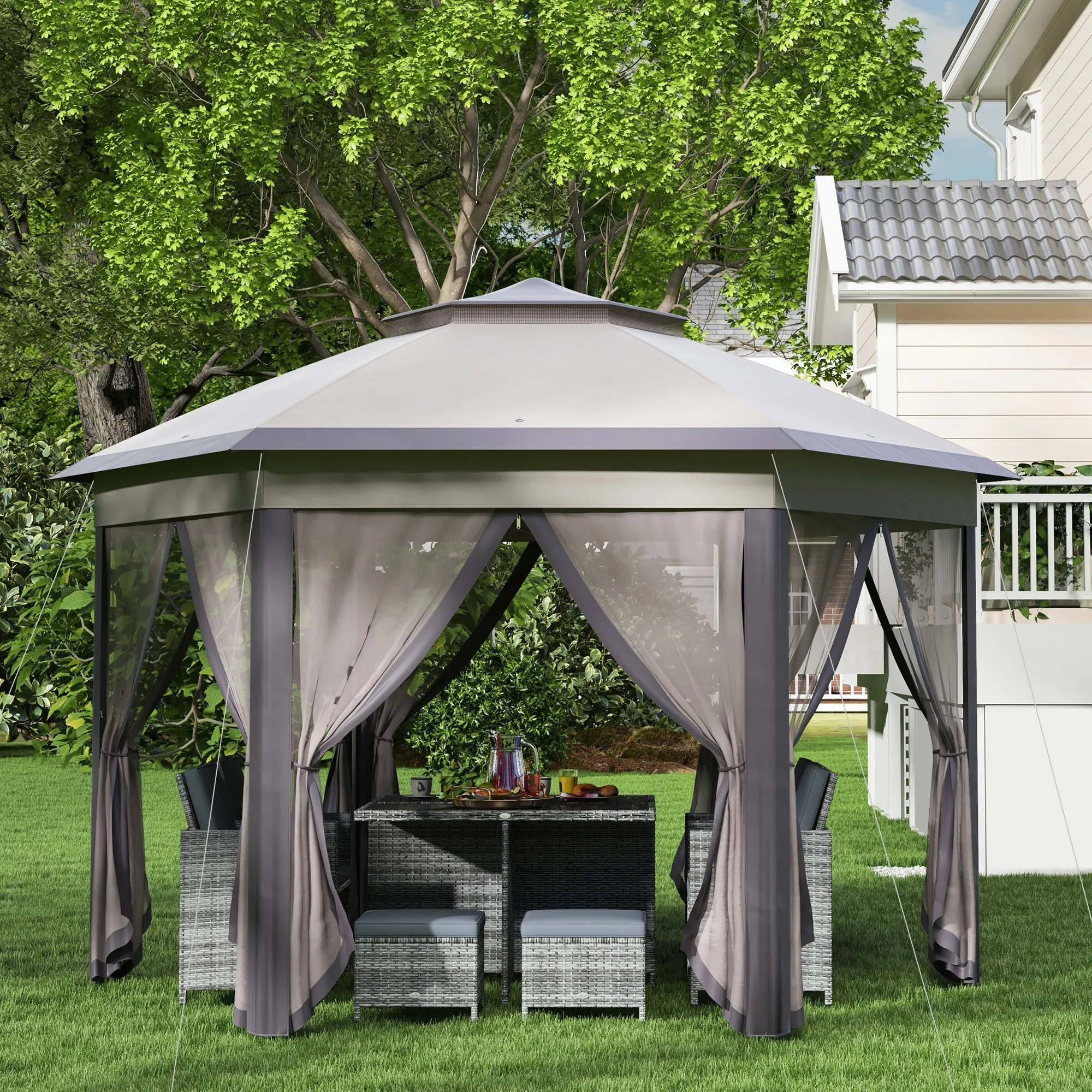 13' x 13' Hexagonal Pop-Up Gazebo Shelter with 6 Zippered Mesh Netting, Coffee and Beige