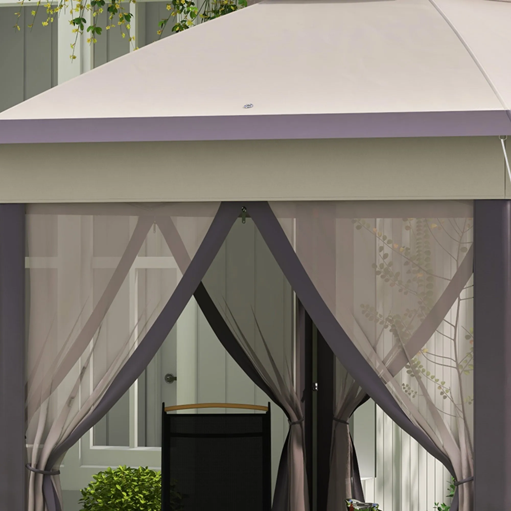 13' x 13' Hexagonal Pop-Up Gazebo Shelter with 6 Zippered Mesh Netting, Coffee and Beige