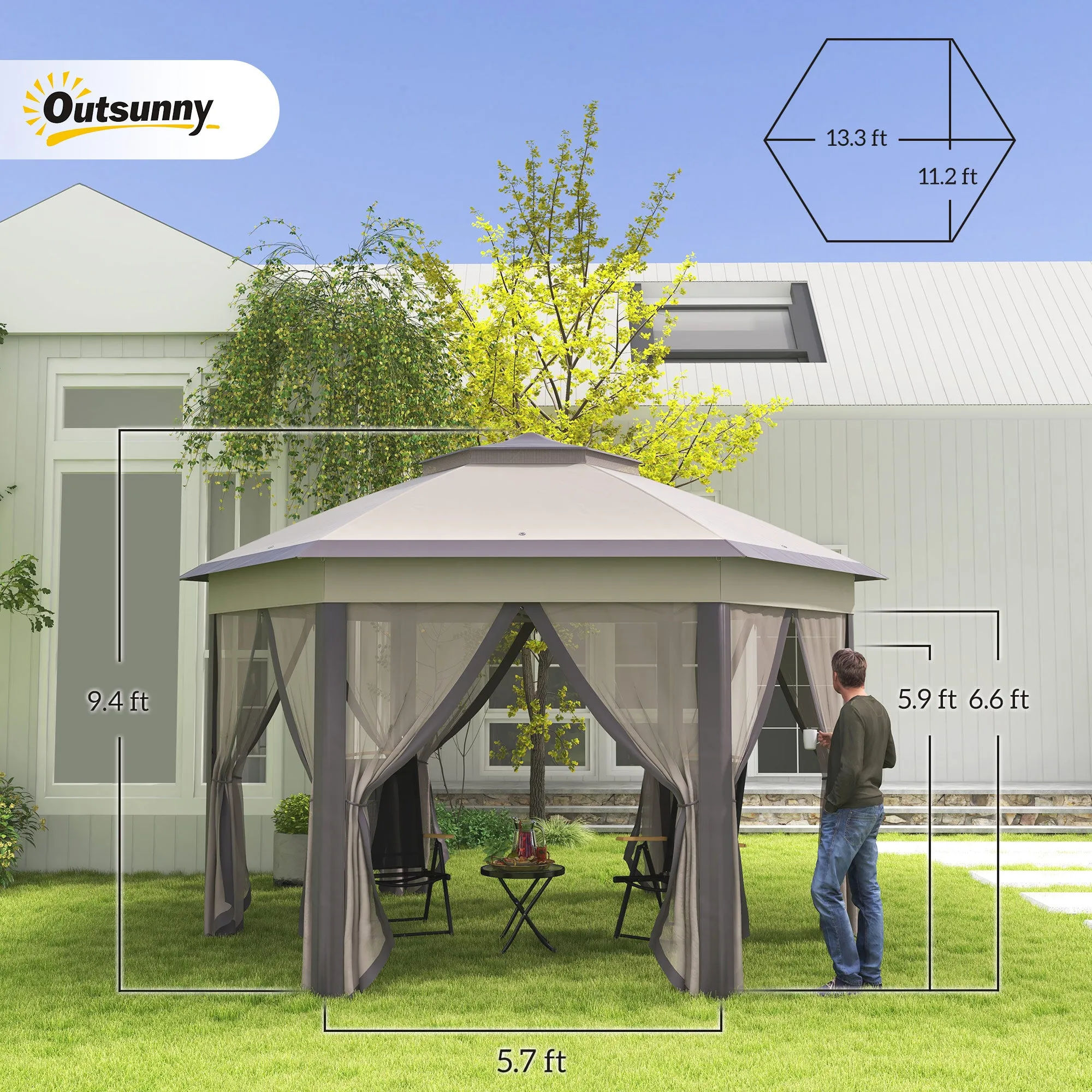13' x 13' Hexagonal Pop-Up Gazebo Shelter with 6 Zippered Mesh Netting, Coffee and Beige
