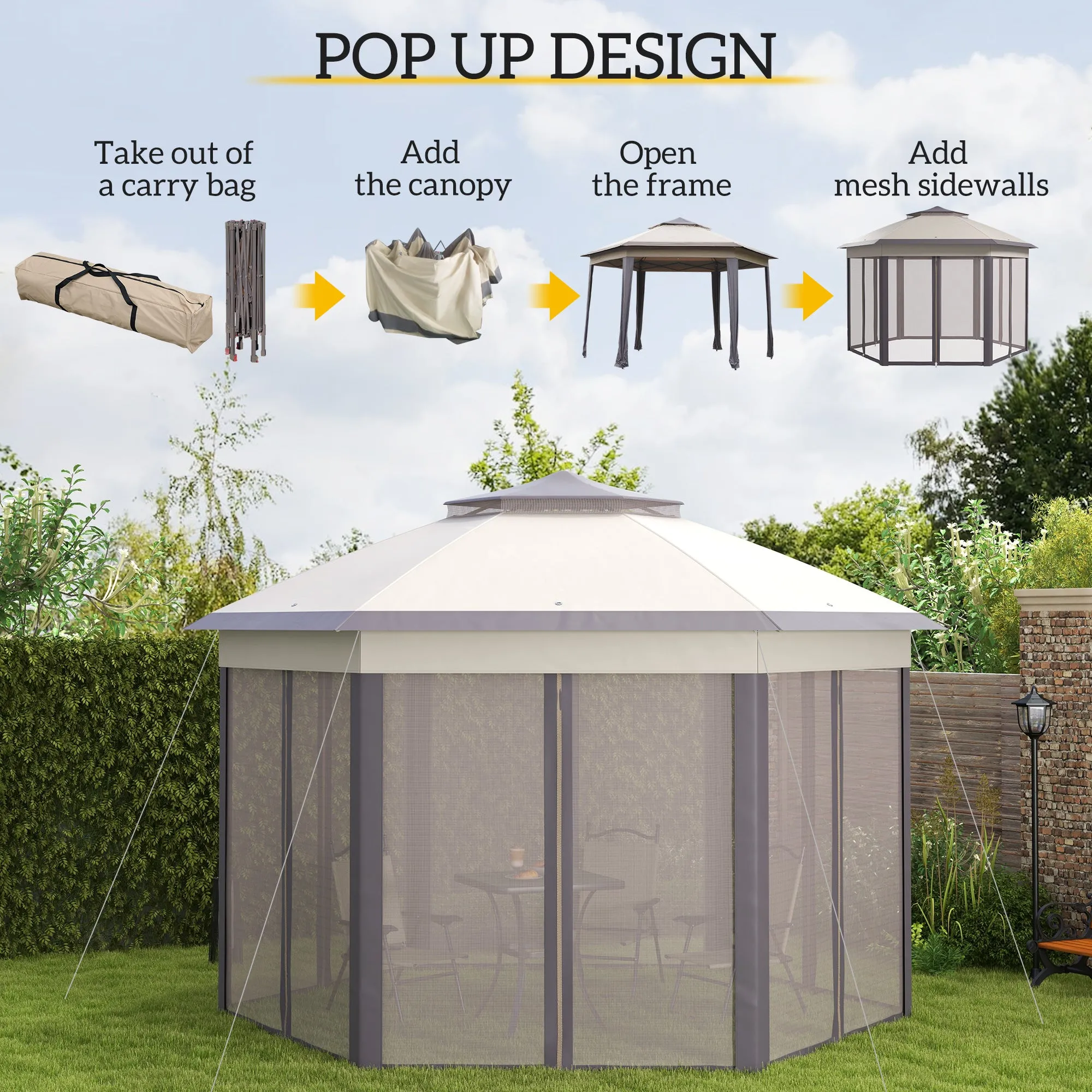 13' x 13' Hexagonal Pop-Up Gazebo Shelter with 6 Zippered Mesh Netting, Coffee and Beige