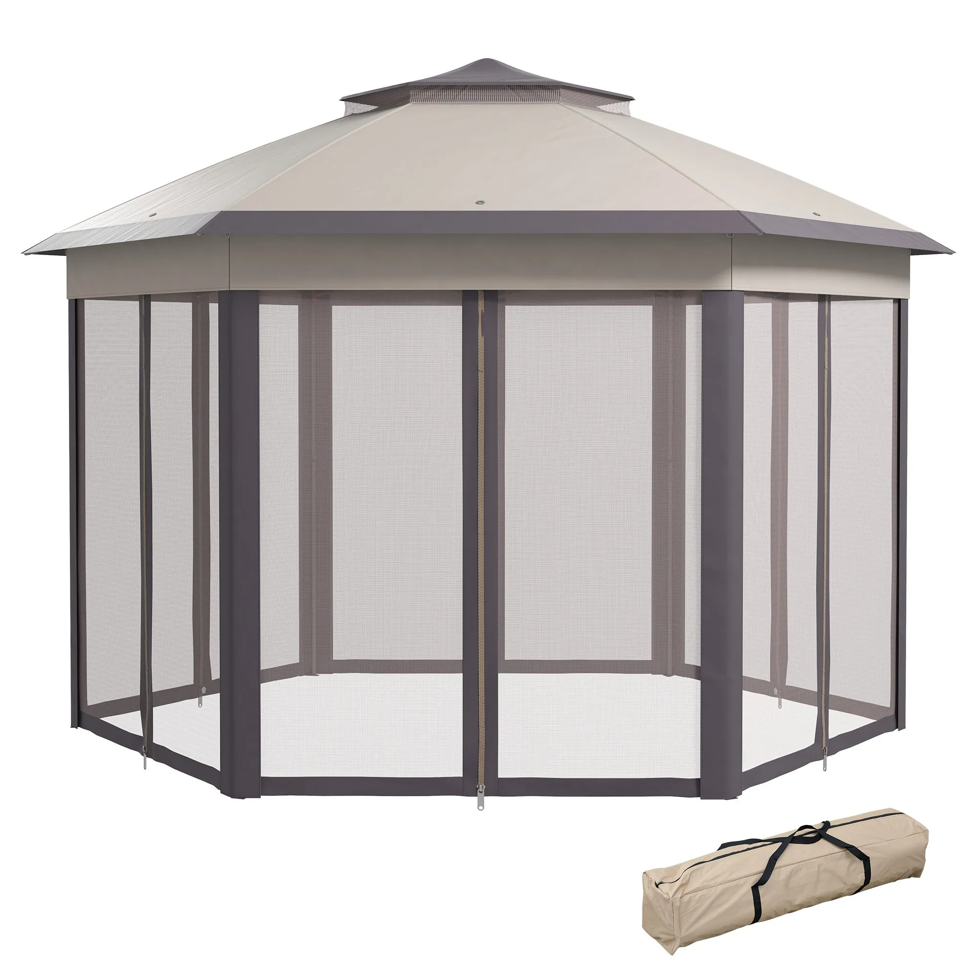13' x 13' Hexagonal Pop-Up Gazebo Shelter with 6 Zippered Mesh Netting, Coffee and Beige