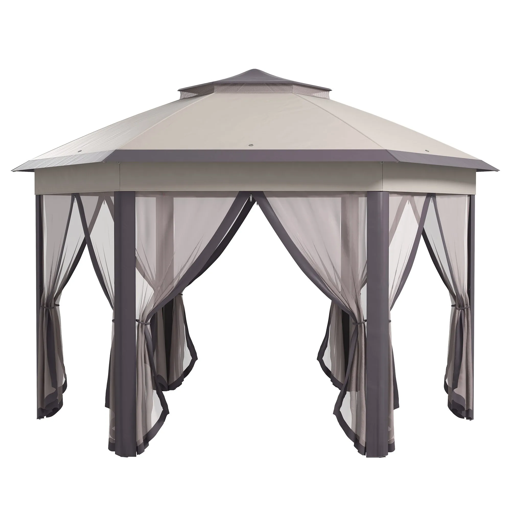 13' x 13' Hexagonal Pop-Up Gazebo Shelter with 6 Zippered Mesh Netting, Coffee and Beige